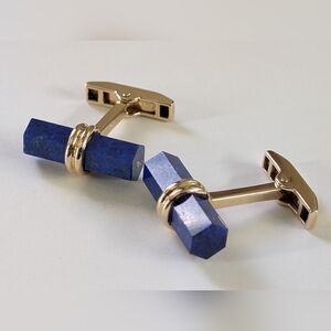 Vintage 14k Yellow Gold Lapis Hexagon Cylinder Bar Cufflinks